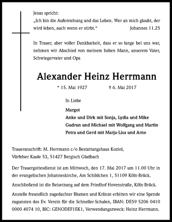 Anzeige von Alexander Heinz Herrmann von Kölner Stadt-Anzeiger / Kölnische Rundschau / Express