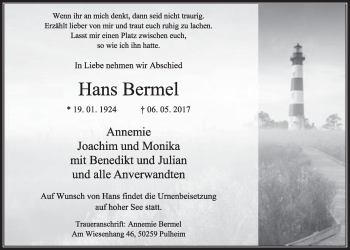 Anzeige von Hans Bermel von  Sonntags-Post 