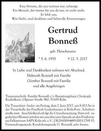 Anzeige von Gertrud Bonneß von  Kölner Wochenspiegel 