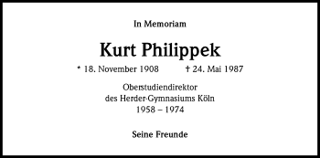 Anzeige von Kurt Philippek von Kölner Stadt-Anzeiger / Kölnische Rundschau / Express