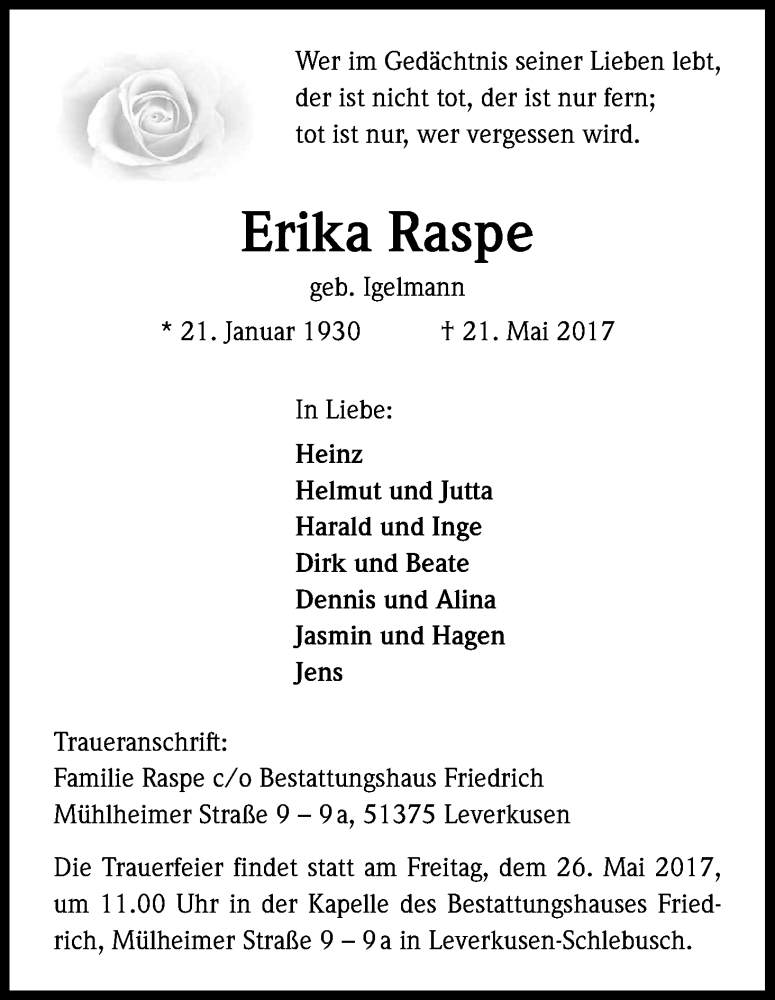 Traueranzeige für Erika Raspe vom 24.05.2017 aus Kölner Stadt-Anzeiger / Kölnische Rundschau / Express