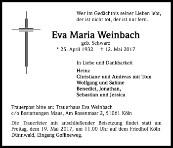 Anzeige von Eva Maria Weinbach von Kölner Stadt-Anzeiger / Kölnische Rundschau / Express