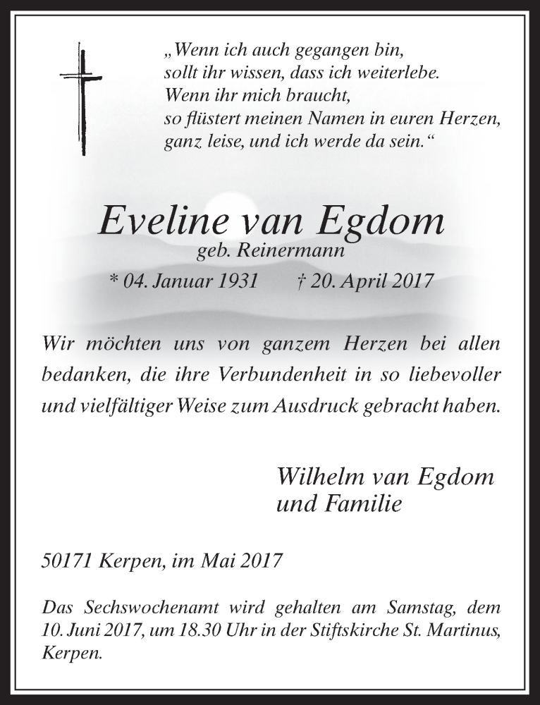  Traueranzeige für Eveline  van Egdom vom 24.05.2017 aus  Werbepost 