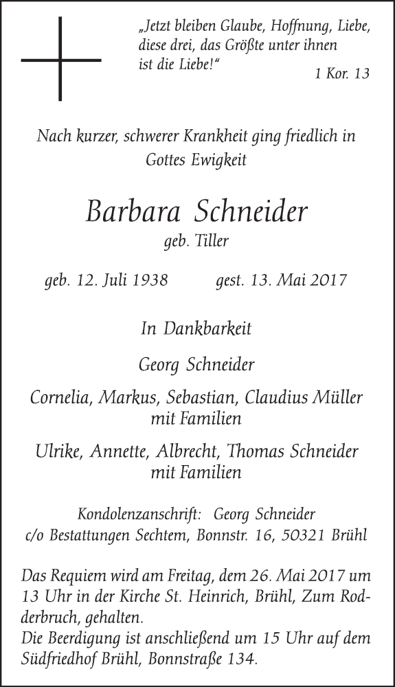  Traueranzeige für Barbara Schneider vom 24.05.2017 aus  Schlossbote/Werbekurier 
