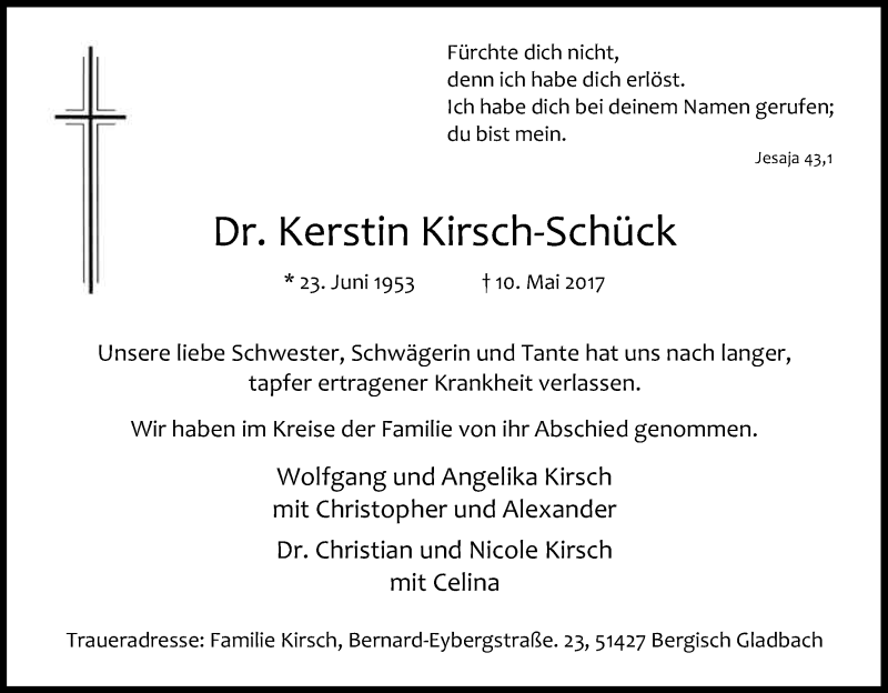  Traueranzeige für Kerstin Kirsch-Schück vom 27.05.2017 aus Kölner Stadt-Anzeiger / Kölnische Rundschau / Express