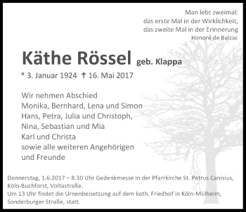 Anzeige von Käthe Rössel von Kölner Stadt-Anzeiger / Kölnische Rundschau / Express