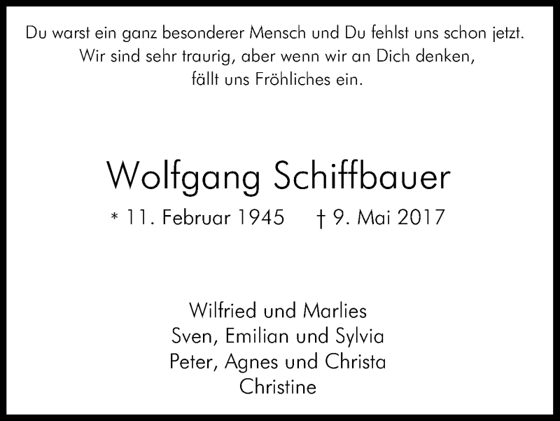  Traueranzeige für Wolfgang Schiffbauer vom 20.05.2017 aus Kölner Stadt-Anzeiger / Kölnische Rundschau / Express
