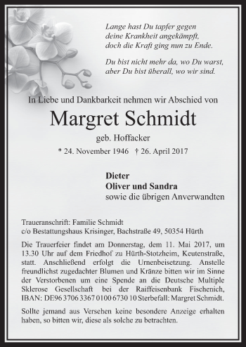 Anzeige von Margret Schmidt von  Wochenende 
