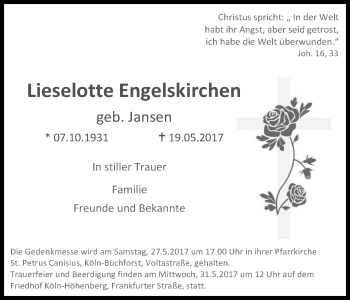 Anzeige von Lieselotte Engelskirchen von Kölner Stadt-Anzeiger / Kölnische Rundschau / Express