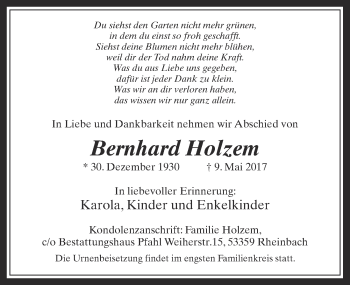 Anzeige von Bernhard Holzem von  Schaufenster/Blickpunkt 