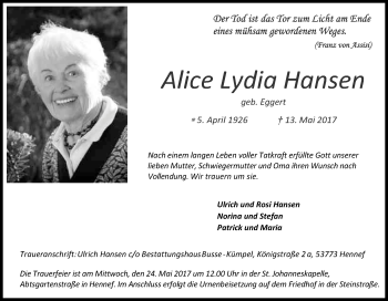Anzeige von Alice Lydia Hansen von Kölner Stadt-Anzeiger / Kölnische Rundschau / Express