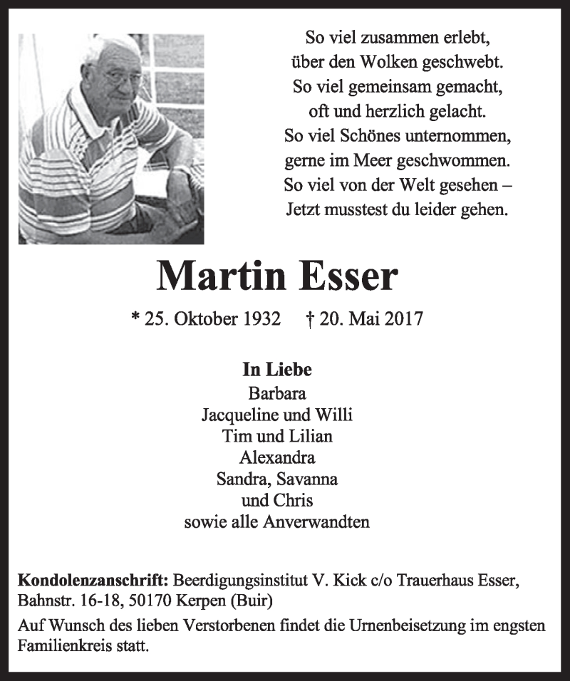  Traueranzeige für Martin Esser vom 27.05.2017 aus  Sonntags-Post 