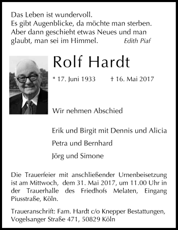 Anzeige von Rolf Hardt von Kölner Stadt-Anzeiger / Kölnische Rundschau / Express
