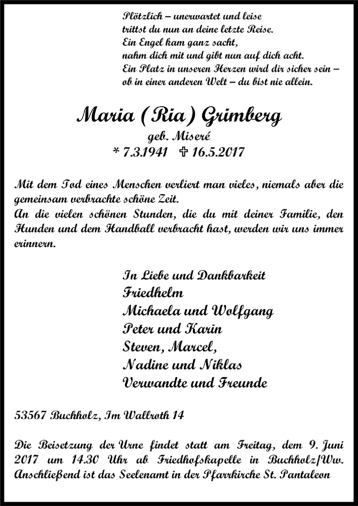  Traueranzeige für Maria Grimberg vom 27.05.2017 aus  Leverkusener Wochenende 