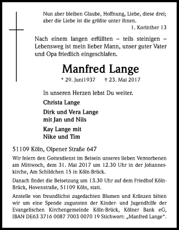 Anzeige von Manfred Lange von Kölner Stadt-Anzeiger / Kölnische Rundschau / Express