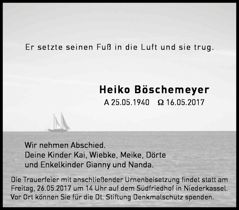  Traueranzeige für Heiko Böschemeyer vom 22.05.2017 aus Kölner Stadt-Anzeiger / Kölnische Rundschau / Express