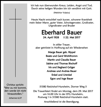 Anzeige von Eberhard Bauer von Kölner Stadt-Anzeiger / Kölnische Rundschau / Express