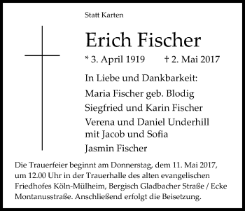 Anzeige von Erich Fischer von Kölner Stadt-Anzeiger / Kölnische Rundschau / Express