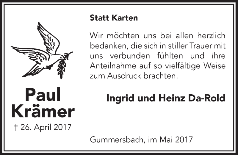  Traueranzeige für Paul Krämer vom 24.05.2017 aus  Anzeigen Echo 