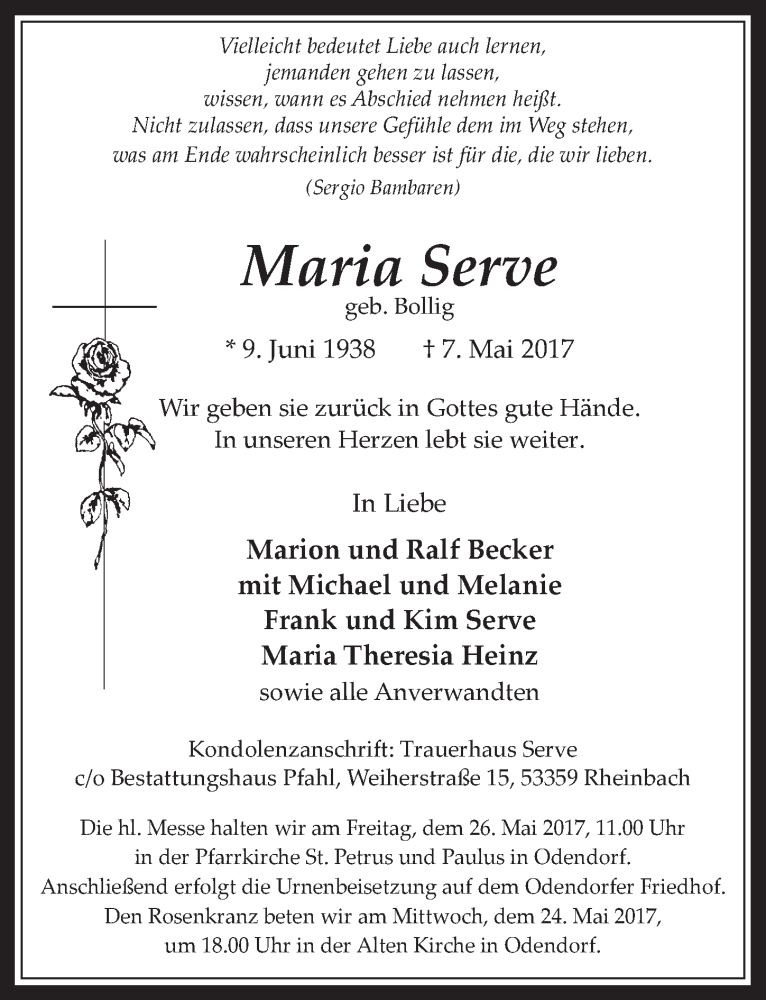  Traueranzeige für Maria Serve vom 17.05.2017 aus  Schaufenster/Blickpunkt 