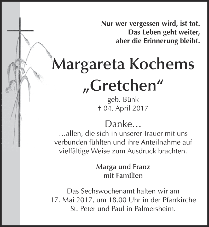  Traueranzeige für Margareta Kochems vom 13.05.2017 aus  Blickpunkt Euskirchen 