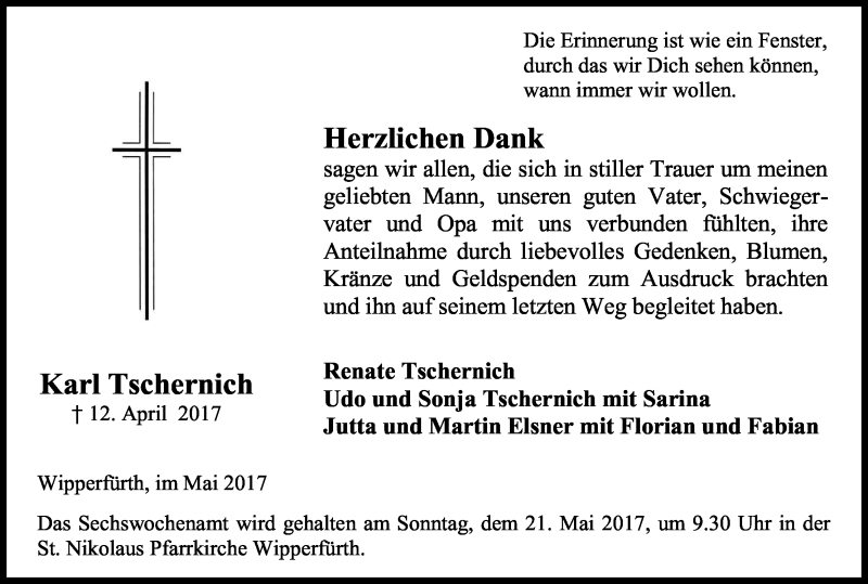  Traueranzeige für Karl Tschernich vom 18.05.2017 aus Kölner Stadt-Anzeiger / Kölnische Rundschau / Express