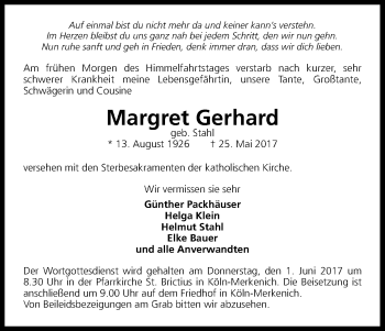Anzeige von Margret Gerhard von Kölner Stadt-Anzeiger / Kölnische Rundschau / Express