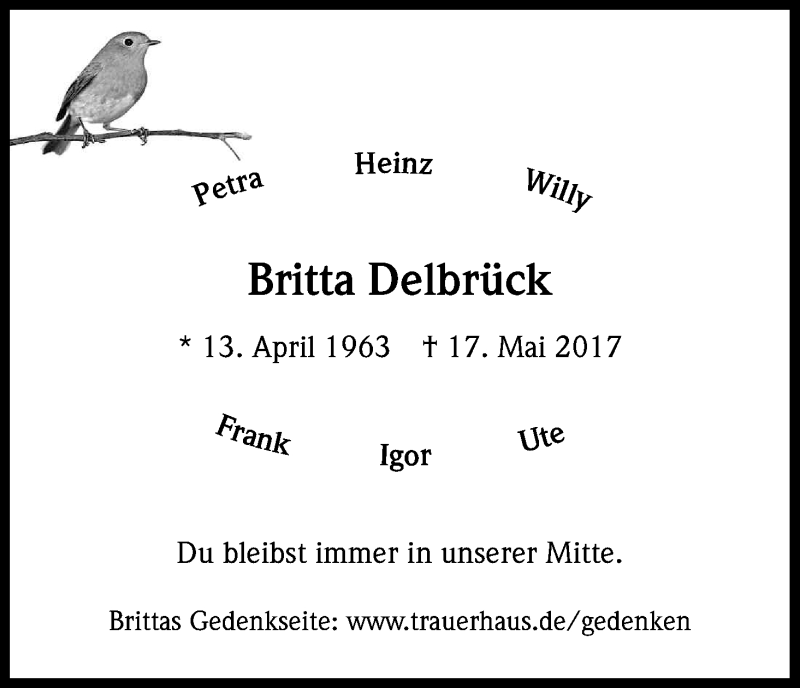  Traueranzeige für Britta Delbrück vom 24.05.2017 aus Kölner Stadt-Anzeiger / Kölnische Rundschau / Express