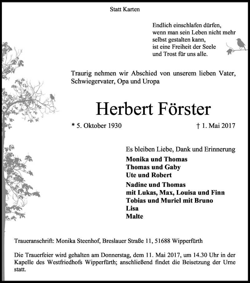  Traueranzeige für Herbert Förster vom 06.05.2017 aus Kölner Stadt-Anzeiger / Kölnische Rundschau / Express