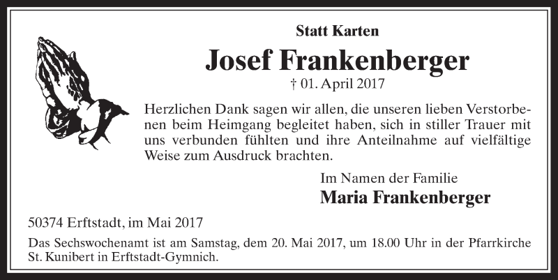  Traueranzeige für Josef Frankenberger vom 17.05.2017 aus  Werbepost 