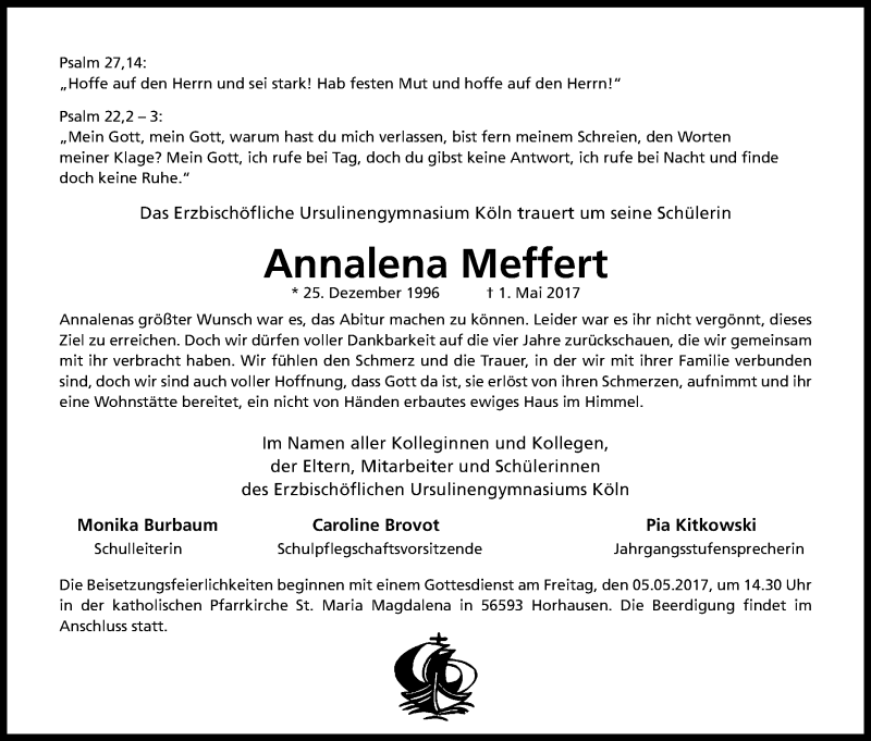  Traueranzeige für Annalena Meffert vom 05.05.2017 aus Kölner Stadt-Anzeiger / Kölnische Rundschau / Express