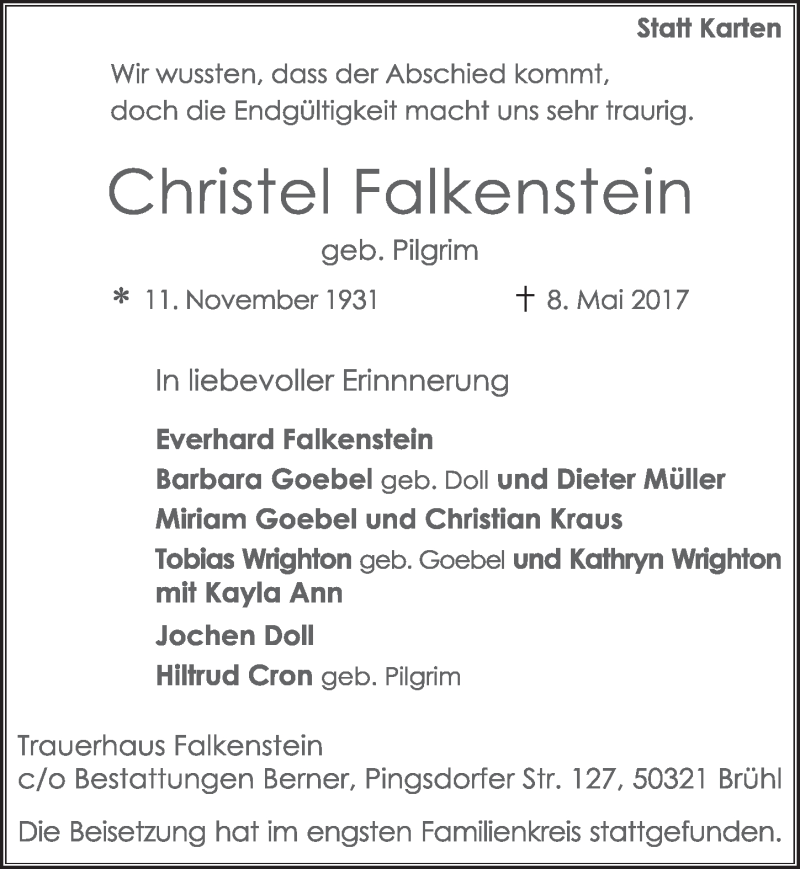  Traueranzeige für Christel Falkenstein vom 31.05.2017 aus  Schlossbote/Werbekurier 