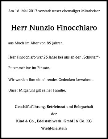 Anzeige von Nunzio Finocchiaro von Kölner Stadt-Anzeiger / Kölnische Rundschau / Express