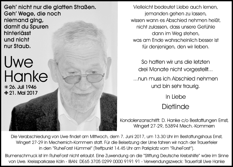  Traueranzeige für Uwe Hanke vom 27.05.2017 aus  Blickpunkt Euskirchen 