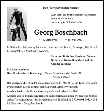 Anzeige von Georg Boschbach von Kölner Stadt-Anzeiger / Kölnische Rundschau / Express