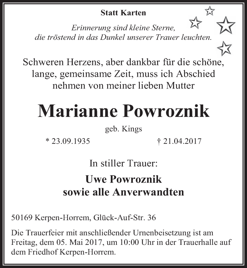  Traueranzeige für Marianne Powroznik vom 03.05.2017 aus  Werbepost 