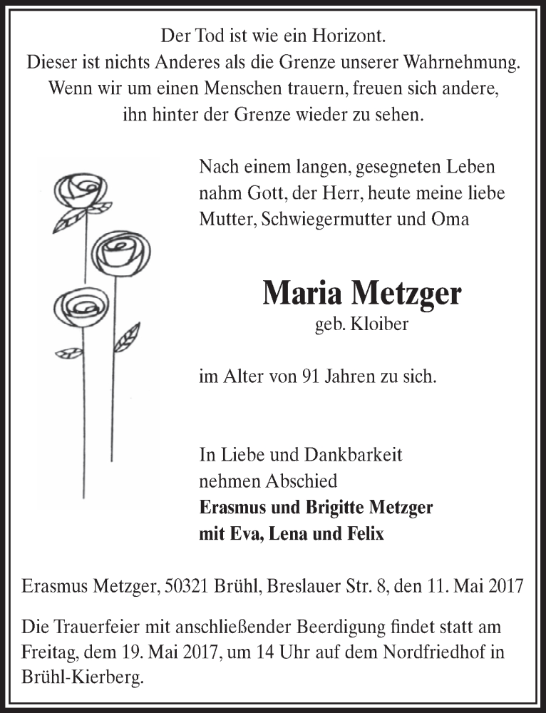  Traueranzeige für Maria Metzger vom 17.05.2017 aus  Schlossbote/Werbekurier 
