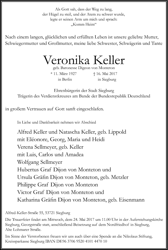  Traueranzeige für Veronika Keller vom 20.05.2017 aus Kölner Stadt-Anzeiger / Kölnische Rundschau / Express