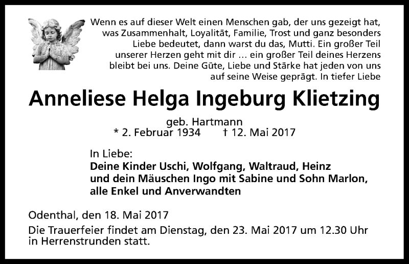  Traueranzeige für Anneliese Helga Ingeburg Klietzing vom 20.05.2017 aus Kölner Stadt-Anzeiger / Kölnische Rundschau / Express