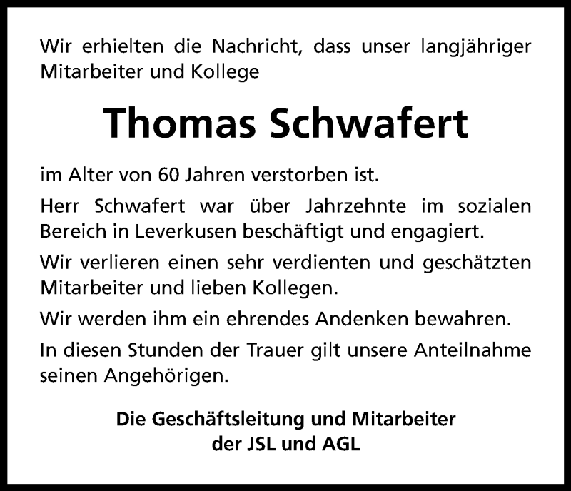  Traueranzeige für Thomas Schwafert vom 20.05.2017 aus Kölner Stadt-Anzeiger / Kölnische Rundschau / Express