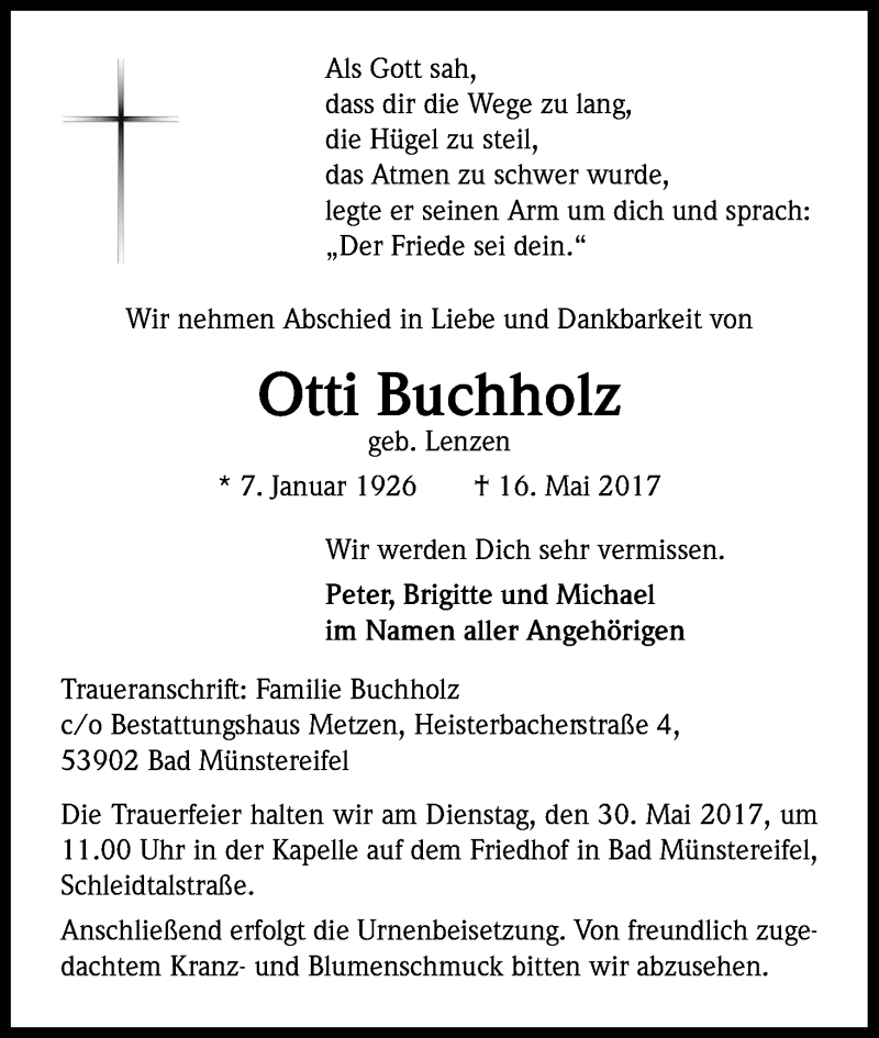  Traueranzeige für Otti Buchholz vom 27.05.2017 aus Kölner Stadt-Anzeiger / Kölnische Rundschau / Express
