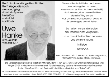 Anzeige von Uwe Hanke von Kölner Stadt-Anzeiger / Kölnische Rundschau / Express