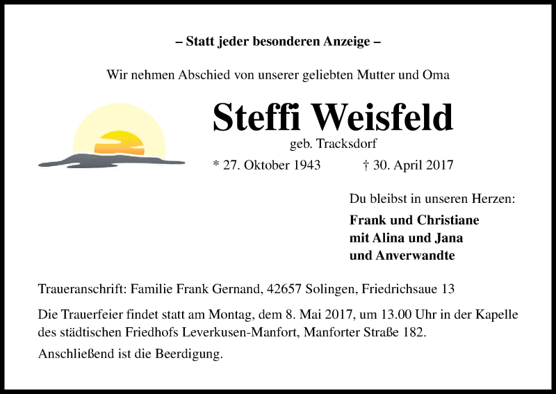  Traueranzeige für Steffi Weisfeld vom 06.05.2017 aus Kölner Stadt-Anzeiger / Kölnische Rundschau / Express