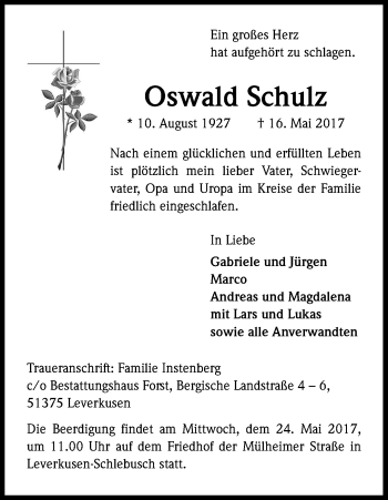 Anzeige von Oswald Schulz von Kölner Stadt-Anzeiger / Kölnische Rundschau / Express