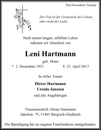 Anzeige von Leni Hartmann von Kölner Stadt-Anzeiger / Kölnische Rundschau / Express