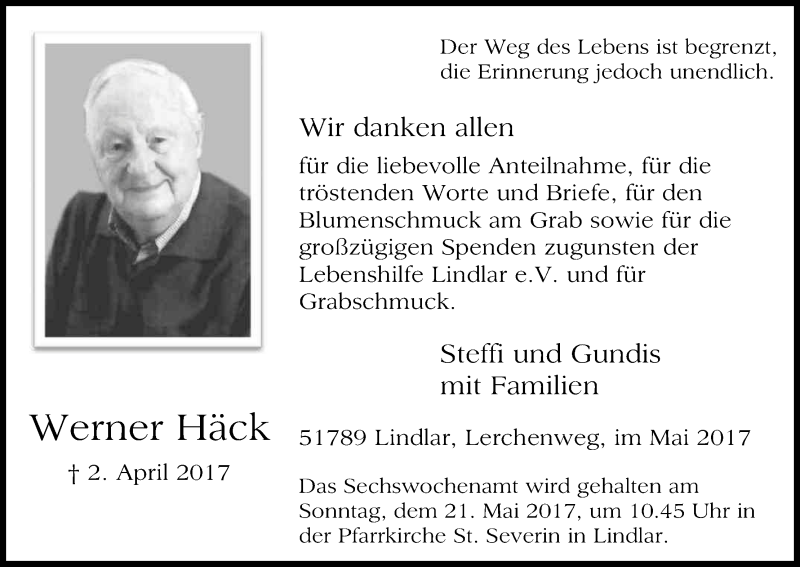  Traueranzeige für Werner Häck vom 13.05.2017 aus Kölner Stadt-Anzeiger / Kölnische Rundschau / Express