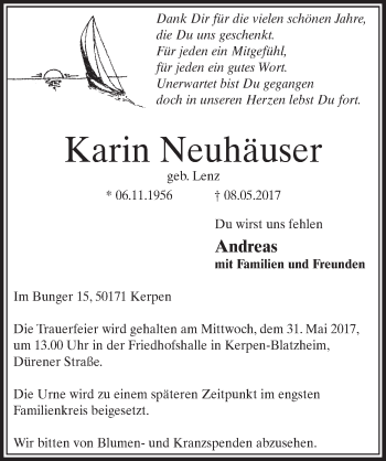 Anzeige von Karin Neuhäuser von  Sonntags-Post 