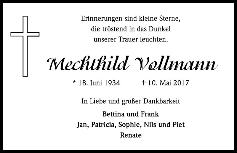  Traueranzeige für Mechthild Vollmann vom 20.05.2017 aus Kölner Stadt-Anzeiger / Kölnische Rundschau / Express