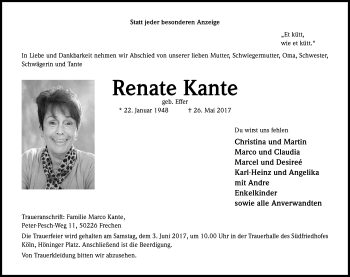 Anzeige von Renate Kante von Kölner Stadt-Anzeiger / Kölnische Rundschau / Express