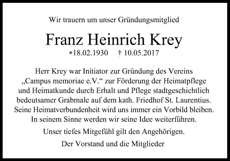  Traueranzeige für Franz Heinrich Krey vom 17.05.2017 aus Kölner Stadt-Anzeiger / Kölnische Rundschau / Express